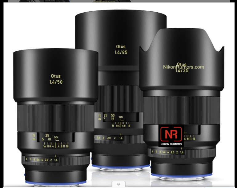 Three Zeiss Otus camera lenses (14/50, 1.4/85, 1.4/35) with black bodies and yellow markings.