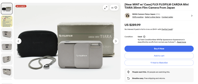 FUJIFILM CARDIA Mini TIARA 35mm camera with case, strap, and box shown for sale on eBay.