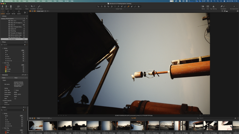A seagull perches on a metal pole against a clear sky, viewed at an angle with silhouettes of structures.