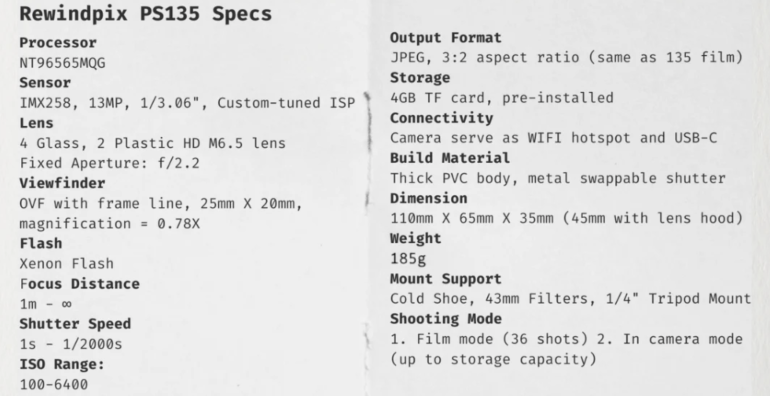 Close-up of a printed camera specs sheet listing details like sensor, lens, viewfinder, flash, and storage.