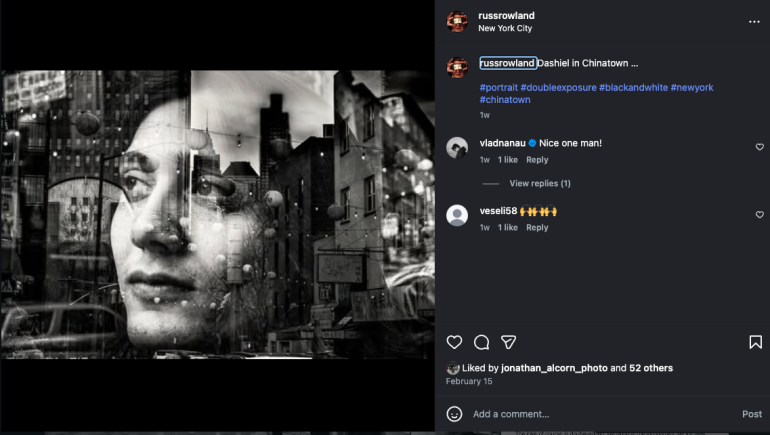 Black and white double exposure of a womans face blended with a city street scene, including buildings and lanterns.