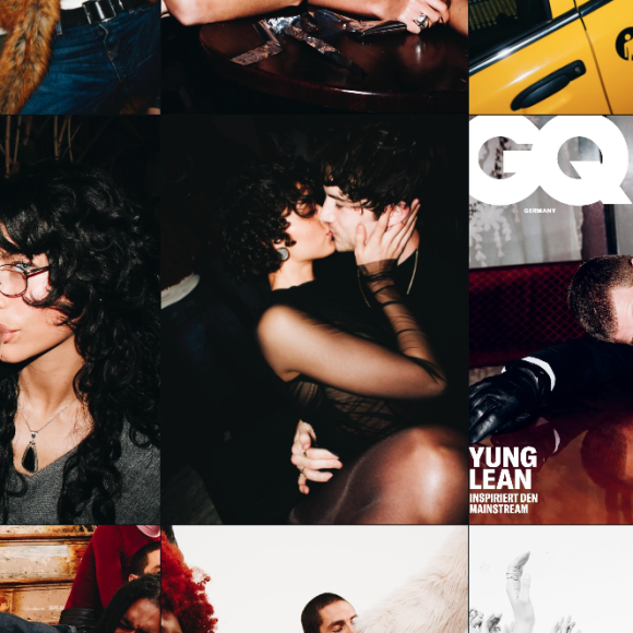 A collage with people partying, drinking, kissing, and a GQ magazine cover featuring Yung Lean.