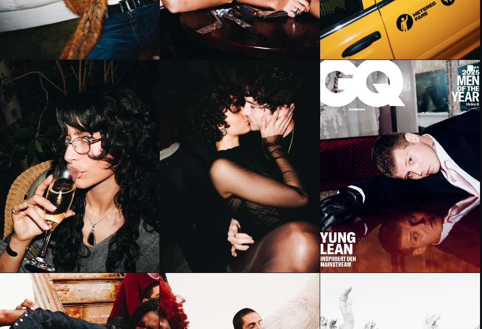 5 Photographers Shaping the Future of GQ Magazine A collage with people partying, drinking, kissing, and a GQ magazine cover featuring Yung Lean.