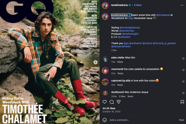 Timothée Chalamet sits on grass in a colorful plaid shirt and red boots for GQ magazines November issue cover.