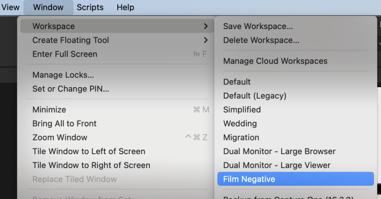 A dropdown menu with Film Negative highlighted in display options under the Window menu.