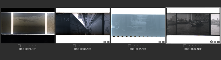 Four scanned film negatives displayed in a row on a computer screen, each with different scenes visible.