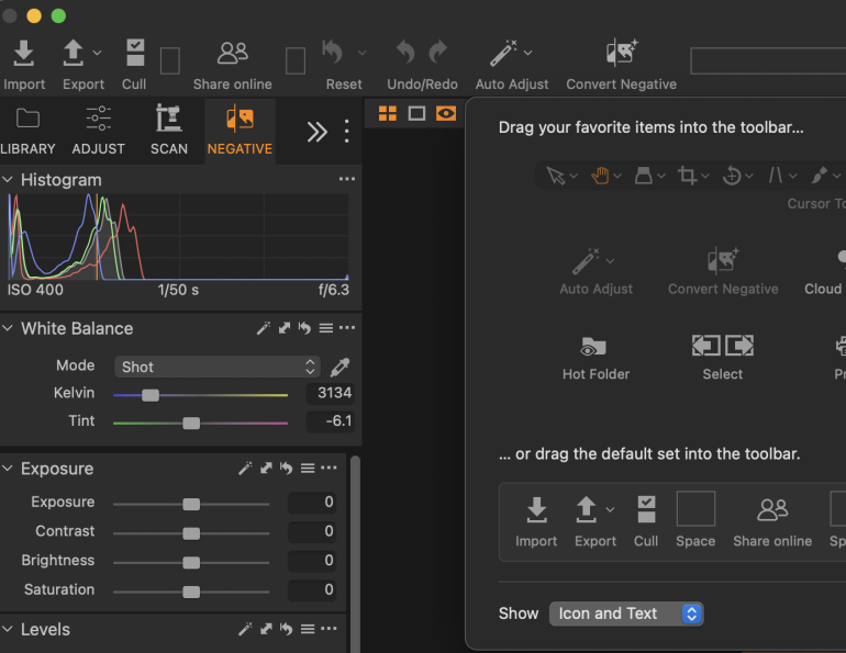 Photo editing software interface with histogram, white balance, exposure controls, and customizable toolbar options.