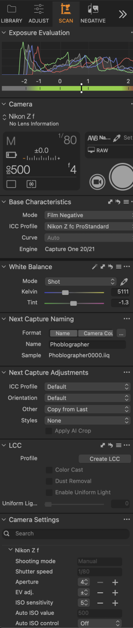 Screenshot of photo editing software showing camera settings, exposure graph, and image adjustment options.