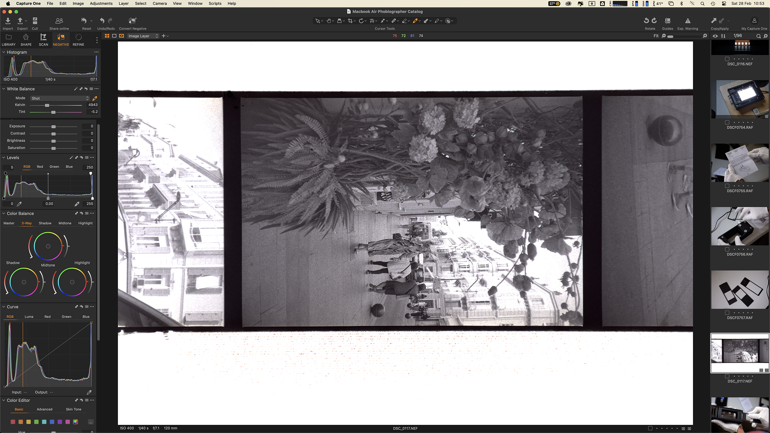 A film scan editing software shows a black-and-white negative of people walking by flowers in a city.