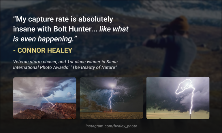 A photographer aims at storms; three lightning photos are shown below a quote about capturing storm images.