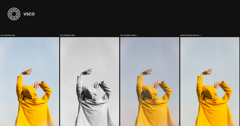 Four panels show a person in a yellow coat posing, each with a different photo filter effect applied.