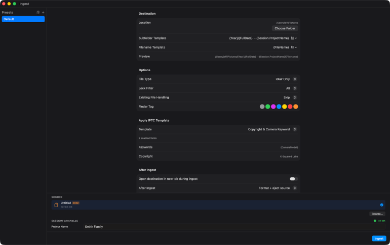 Import settings window with fields for destination, options, IPTC template, and source file details.