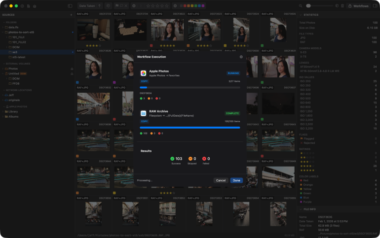 Photo library app showing a workflow execution window for exporting photos, with thumbnails in the background.
