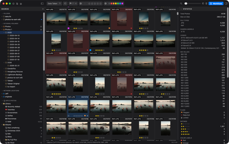 A photo management software screen showing rows of sunset and boat images with file details on the right.