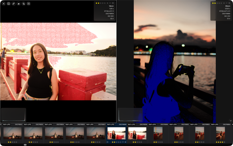 Two photos of a woman by a lakeside railing: one in daylight, one at sunset with city lights in the background.
