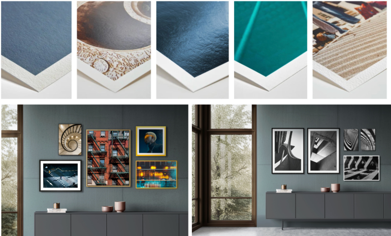 Close-up of different photo print textures above two modern gallery wall displays in living room settings.