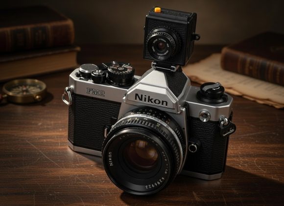 A vintage Nikon FM2 camera with an external flash sits on a wooden table beside books and a compass.
