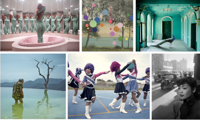 A collage of seven colorful, artistic and surreal photographs featuring people, nature, and city scenes.