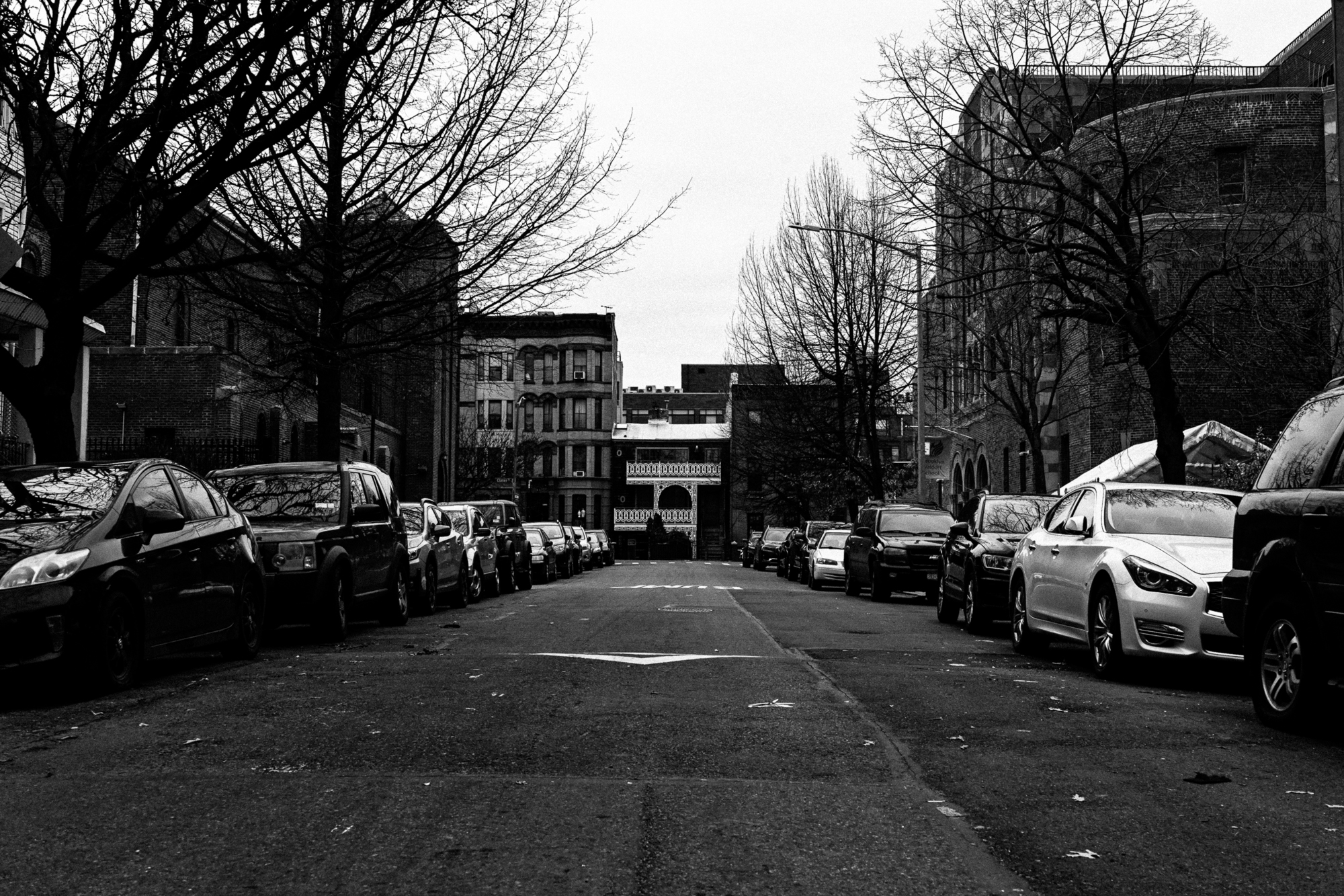 A city street lined with parked cars and leafless trees on a cloudy day, in black and white.