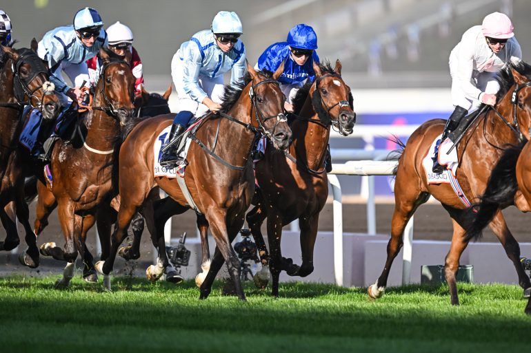 Jockeys riding racehorses compete closely on a grassy track during a horse race.