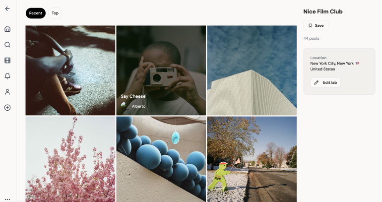 A photo grid displays six artistic film photographs, with a sidebar listing Nice Film Club details.