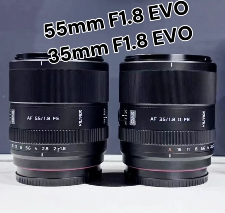 Two Viltrox camera lenses side by side, labeled 55mm F1.8 EVO and 35mm F1.8 EVO.
