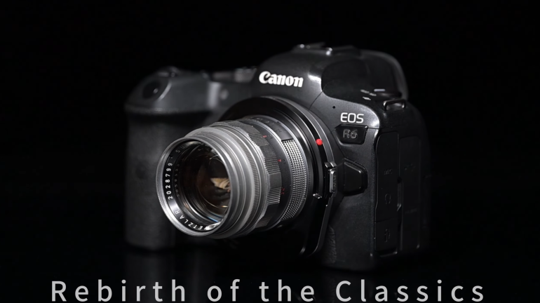 Canon EOS R6 camera with a vintage lens, on a black background. Text below reads: Rebirth of the Classics.