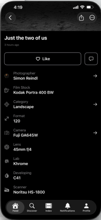 Photography details for Just the two of us shot on Fuji GA645W, Kodak Portra 400 BW, 45mm f/4, scanned on Noritsu.