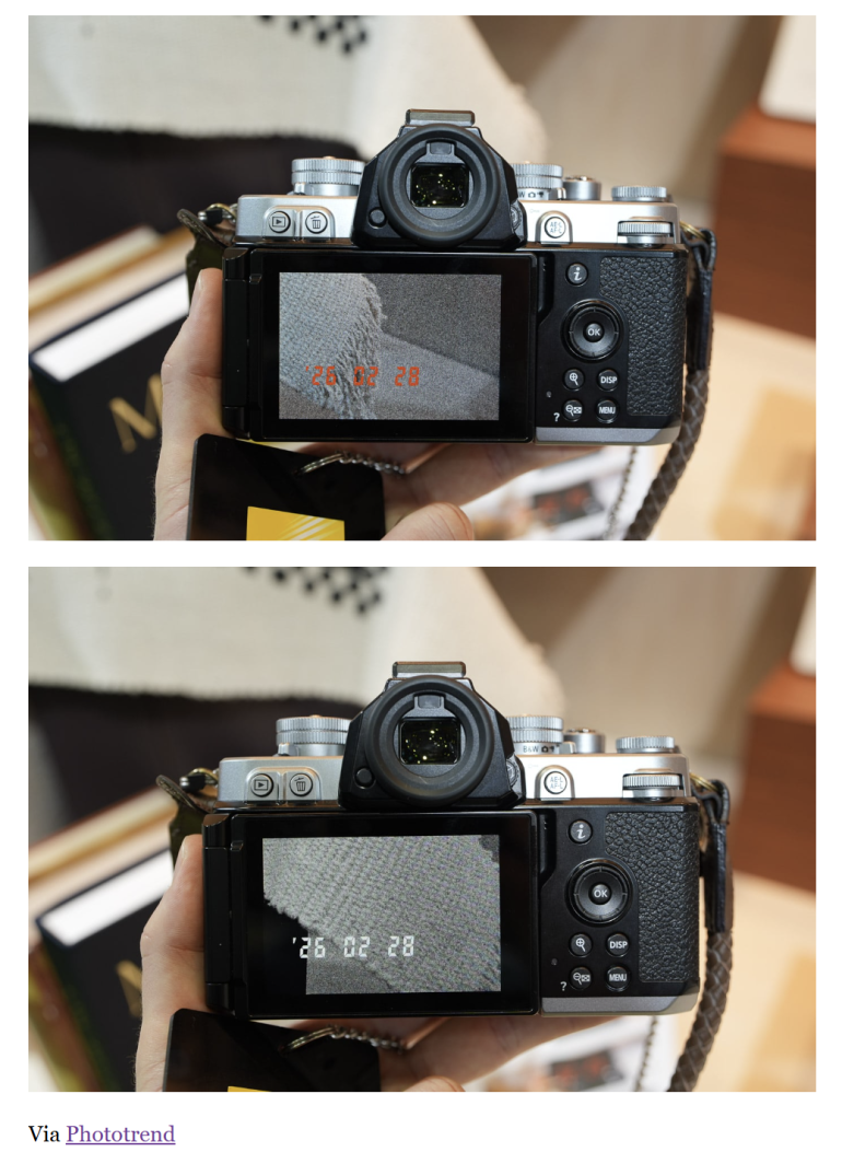 Two images of a digital camera’s back, showing its screen and control buttons, held in someone’s hand.