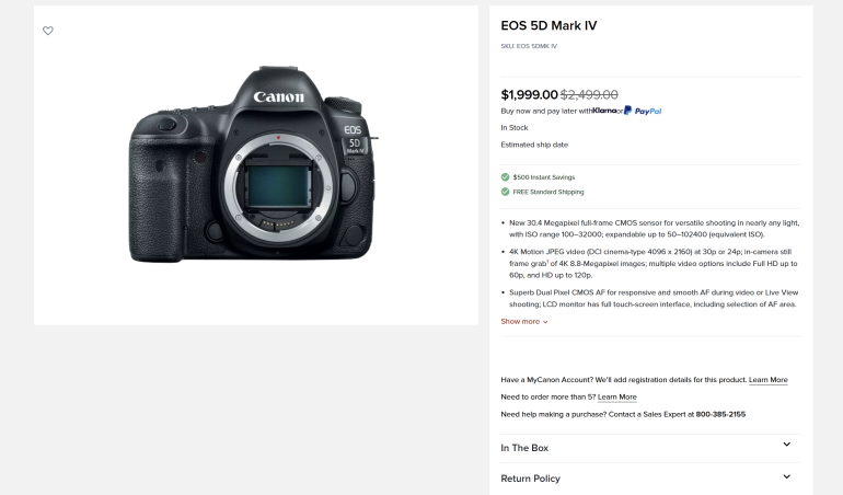 Canon EOS 5D Mark IV camera body displayed on an online store product page with pricing and feature details.