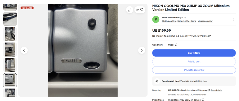Close-up of a Nikon COOLPIX 950 camera showing its serial number plate, listed for sale online at $199.99.