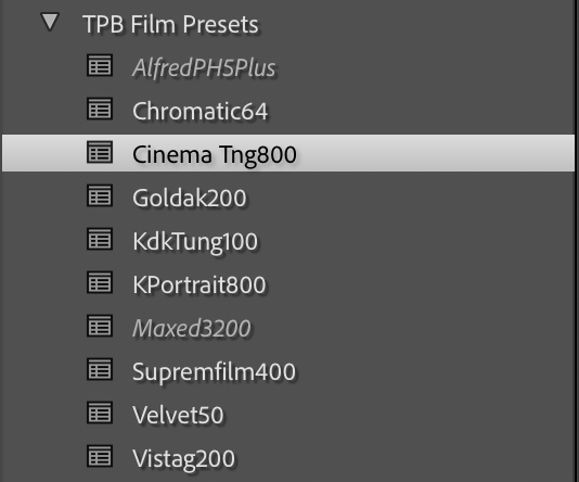 A list of TPB Film Presets with Cinema Tng800 highlighted in the menu.