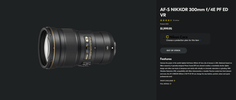 A Nikon AF-S NIKKOR 300mm f/4E PF ED VR lens is displayed for sale, marked as out of stock.