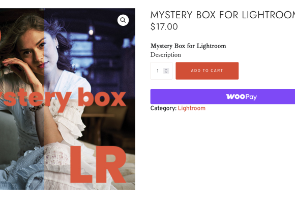 A woman in vintage clothing sits thoughtfully; text reads mystery box LR for a Lightroom product listing.