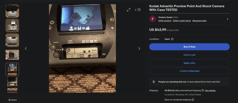 Close-up of a Kodak Advantix cameras digital display showing various settings, listed on an eBay sales page.