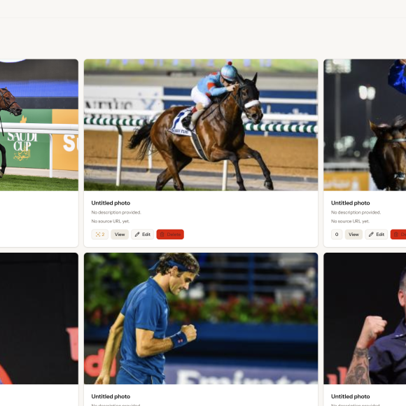 Six photos: horse racing, jockey celebrating, two men playing darts, and a man celebrating on a tennis court.