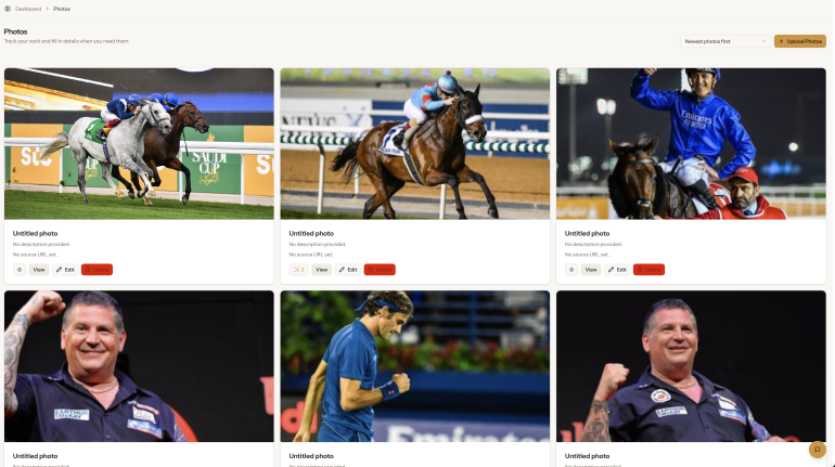 Six photos: horse racing, jockey celebrating, two men playing darts, and a man celebrating on a tennis court.