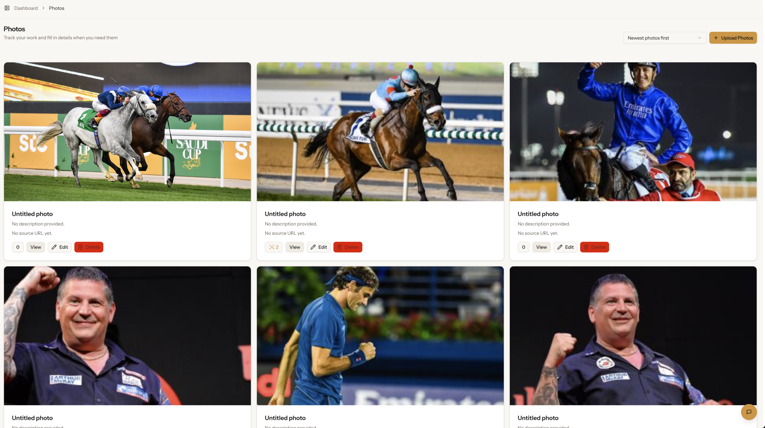 Track Down the People Who Stole Your Photos Six photos: horse racing, jockey celebrating, two men playing darts, and a man celebrating on a tennis court.