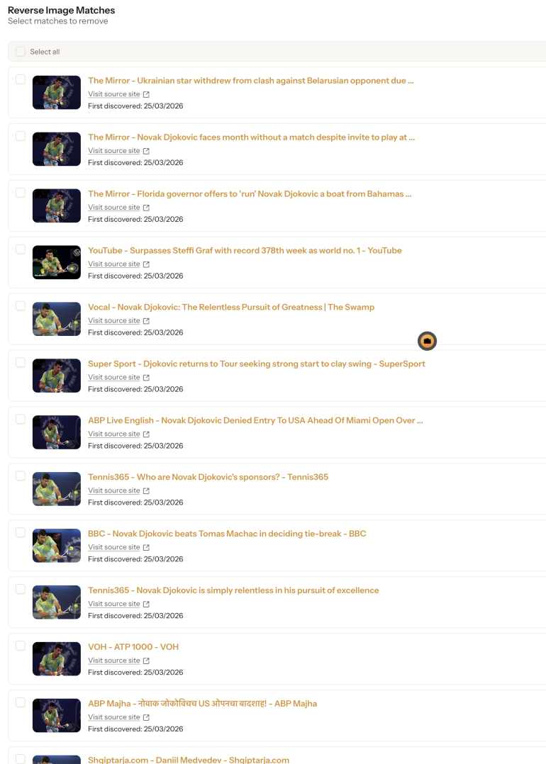 A list of online articles mentioning Novak Djokovic displayed in a reverse image search results page.