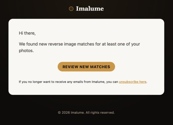 Email notification from Imalume about new reverse image matches, with a Review New Matches button.