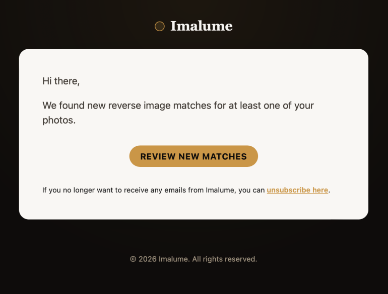 Email notification from Imalume about new reverse image matches, with a Review New Matches button.