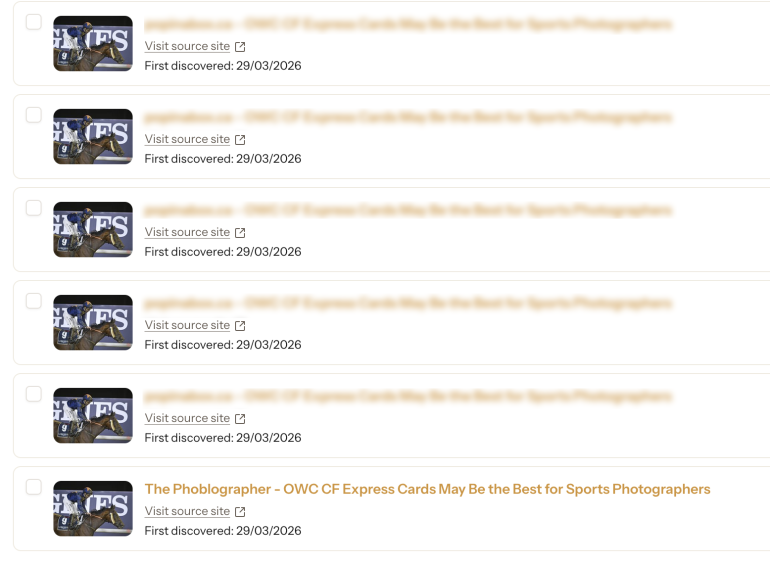A list of webpage search results, each with a thumbnail, title, link, and discovery date.
