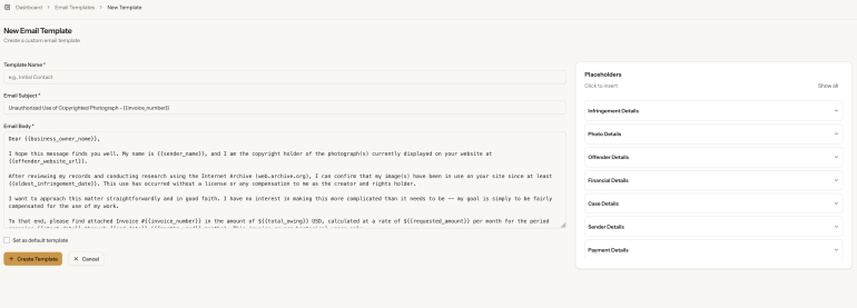 A form to create a new email template, showing fields, a text editor, and a list of placeholders on the right.