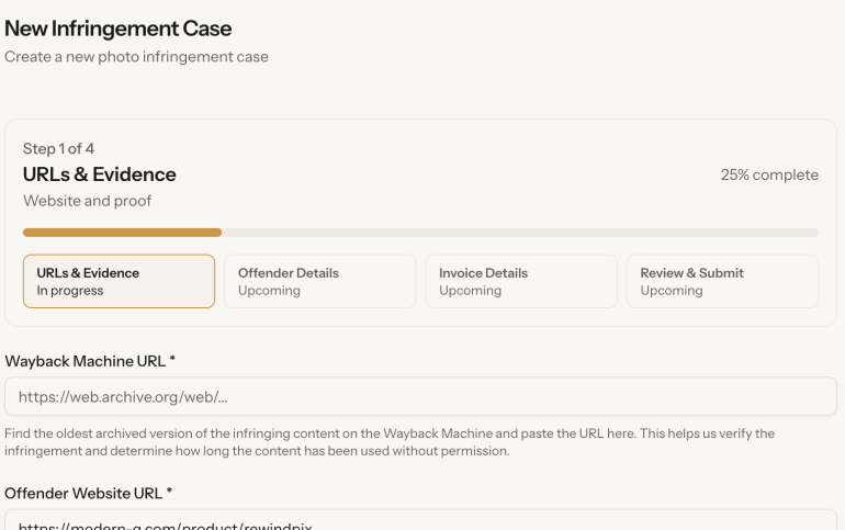 Screenshot of a webpage for creating a new photo infringement case, showing the URLs & Evidence step.