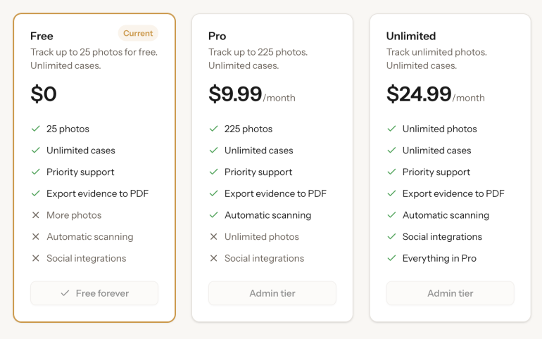 Comparison chart of Free, Pro, and Unlimited plans with prices and features listed in three columns.