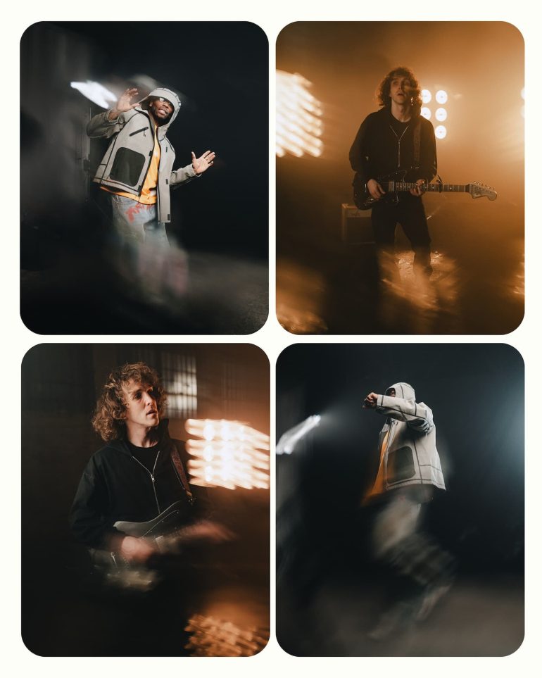 Four artistic, blurred photos of musicians performing with instruments and dramatic stage lighting.