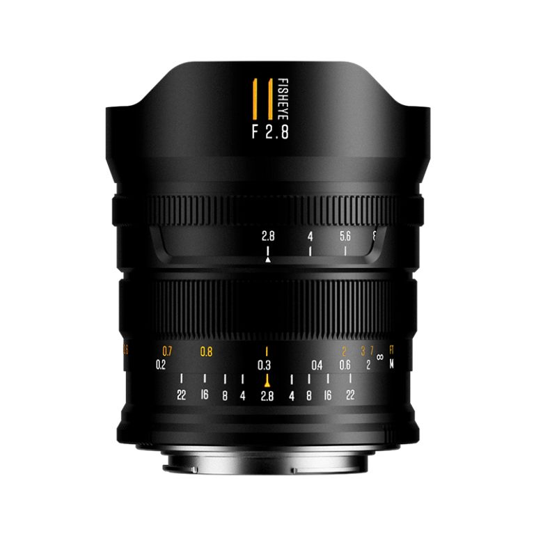 Black fisheye camera lens with focus and aperture markings on a white background.