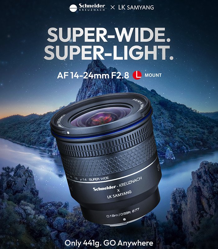A Schneider Kreuznach x LK Samyang AF 14-24mm F2.8 L mount lens with mountains and sky in the background.