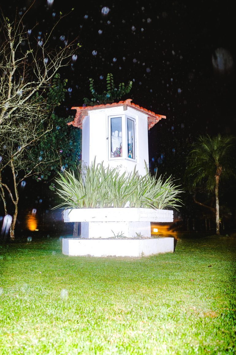 Small white garden structure with a red roof, surrounded by plants, at night with raindrops visible.