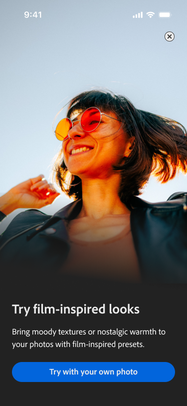 Smiling person in orange sunglasses outdoors above text promoting film-inspired photo presets.